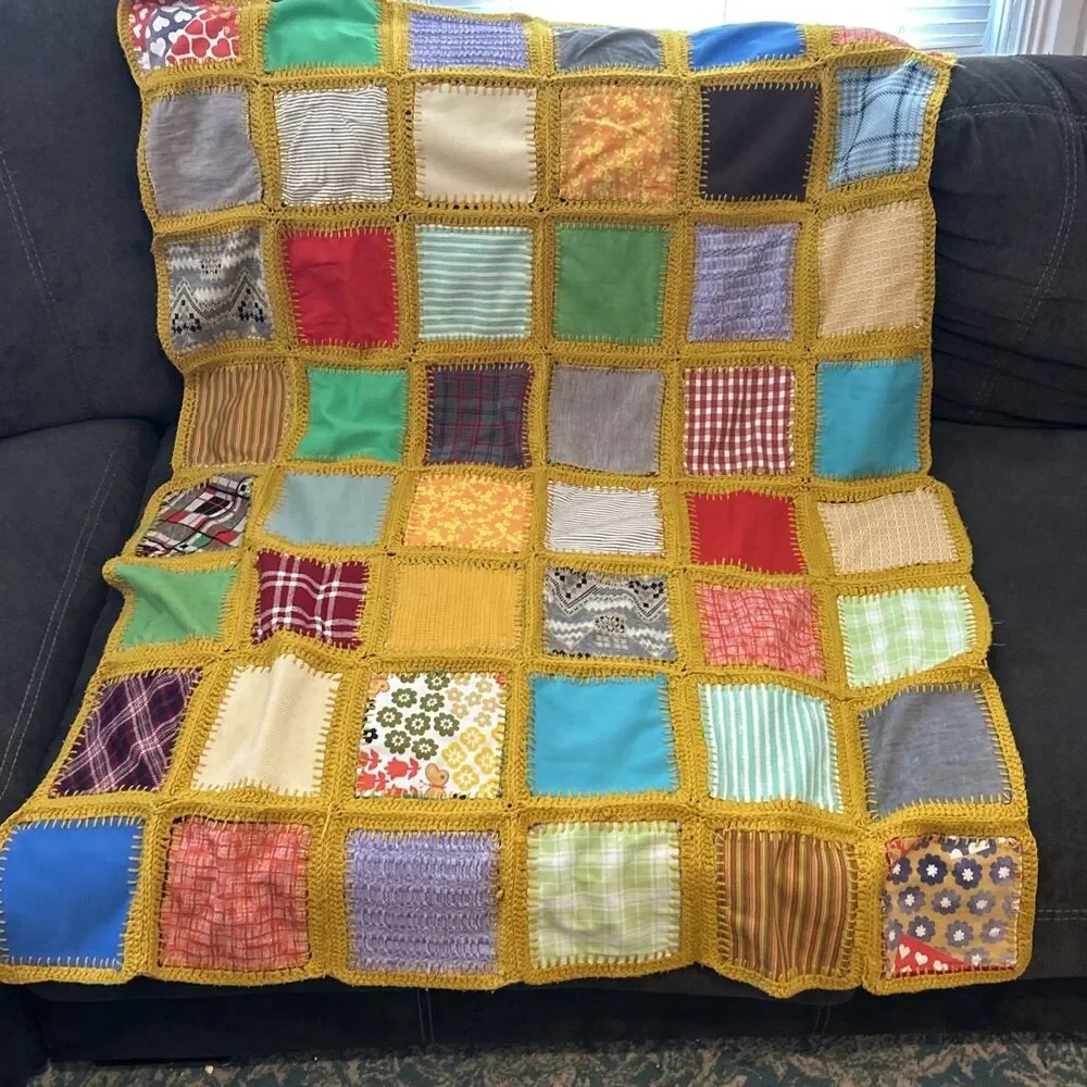 Vintage Handmade‎ Patchwork Crochet Blanket Throw Afghan Multi Color Square Knit